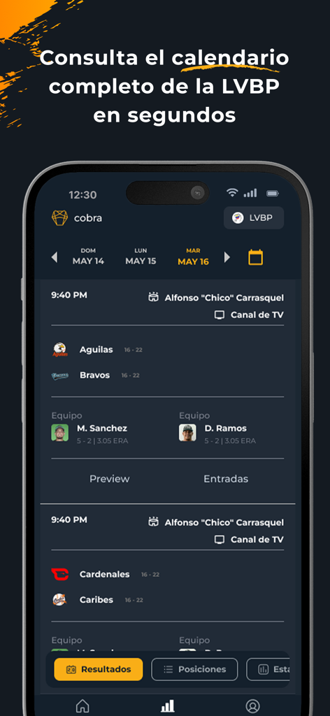 Quinielas Cobra - Mobile app interface of Quinielas Cobra showing the LVBP baseball game schedule and match details
