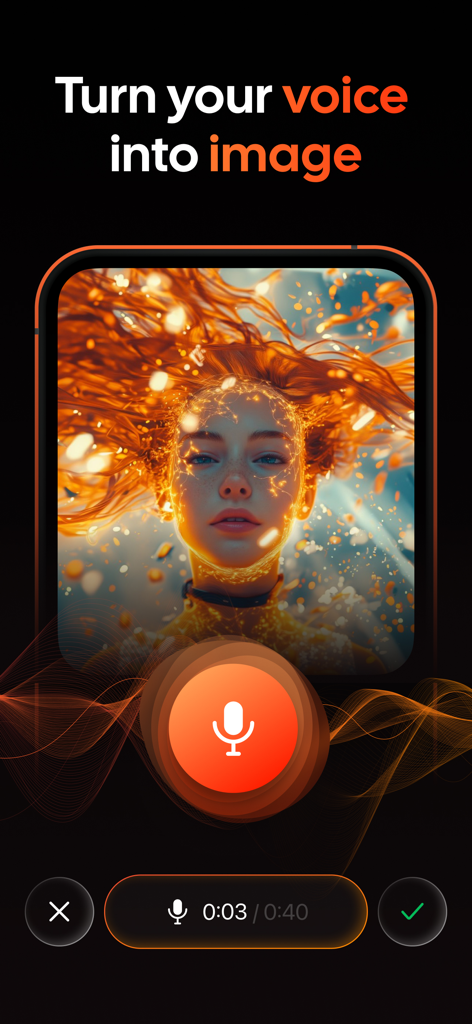 JGGL: AI Generated Images - JGGL mobile app interface showing the voice to image AI generation tool with a glowing digital portrait of a woman