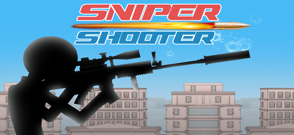 Sniper Head Shot Stickman.io - Pantalla de título del juego de disparos de francotirador stickman con la silueta de un agente stickman y el horizonte de la ciudad