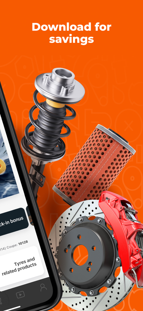 AUTODOC app promotional screen displaying a car strut air filter and brake disc with the headline Download for savings