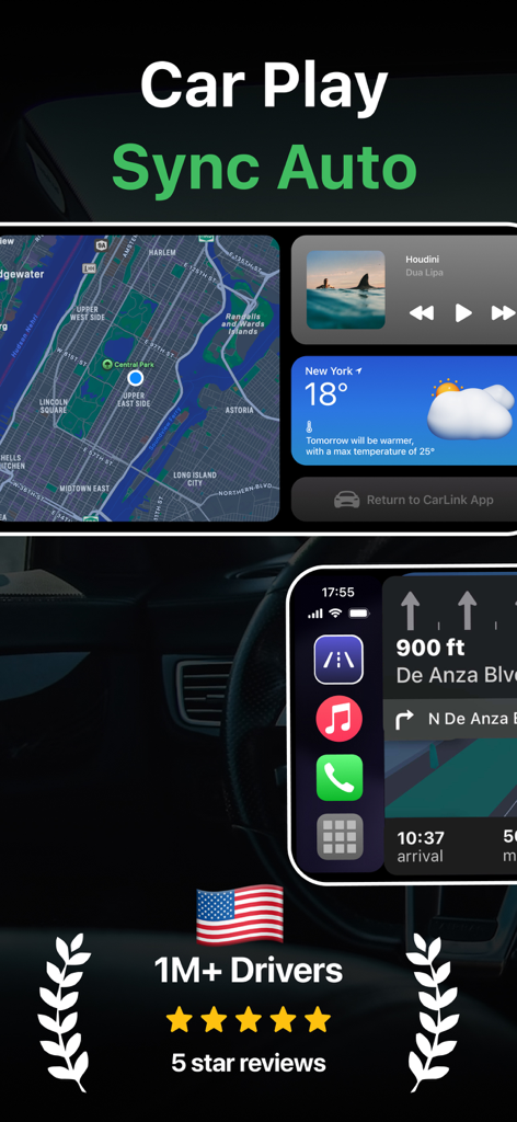 Car Play Connect・Dashboard・GPS - Interfaccia del cruscotto dell'app Car Play Connect che mostra navigazione GPS, lettore musicale e widget meteo