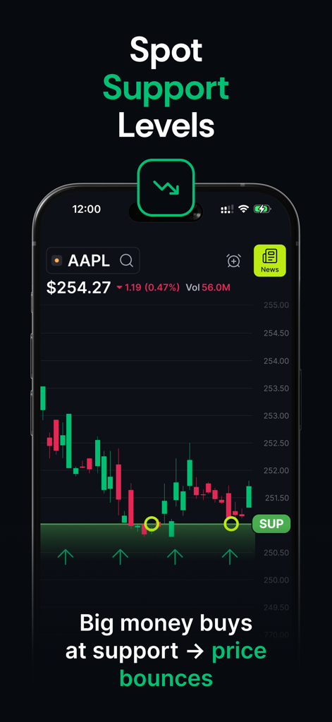TradeVision - TradeVision mobile app displaying a candlestick stock chart with automated support level indicators