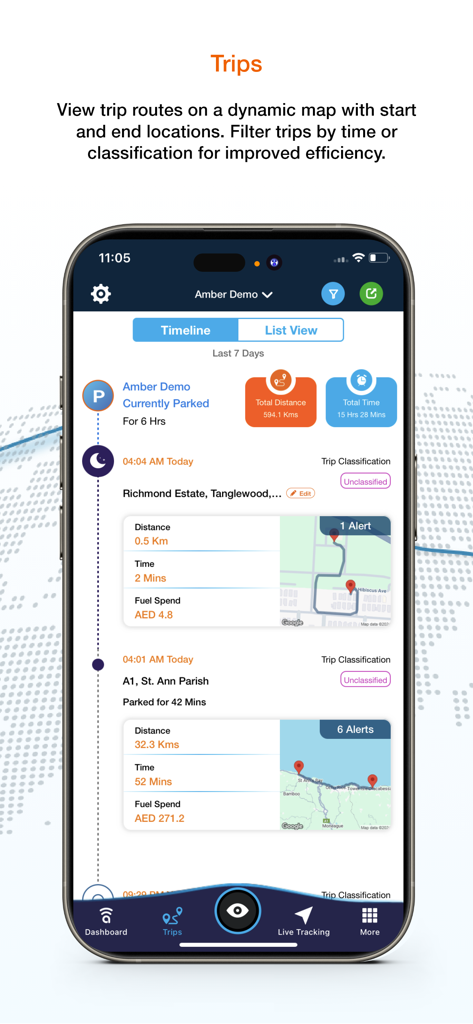 Amber Fleet Connect app displaying a timeline of vehicle trips and route mapping