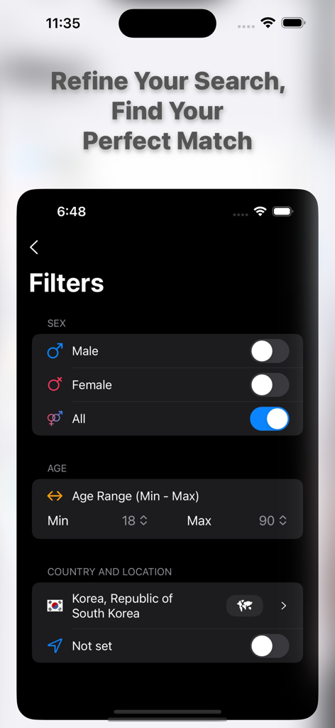 Screen showing search filters for gender age and location on the Hey Sathi Asian dating app