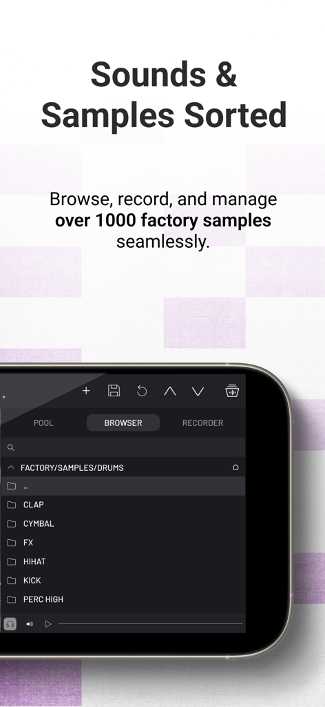 BAM - Beat Maker & Music Maker - Interface of the BAM music app showing the sample browser with folders for drum sounds like kick and hihat