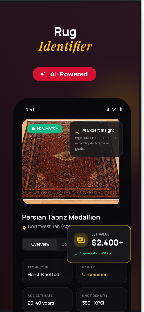 Rug Identifier - Mobile interface of Rug Identifier app showing an AI-powered appraisal report for a Persian Tabriz Medallion rug including market value and technical details