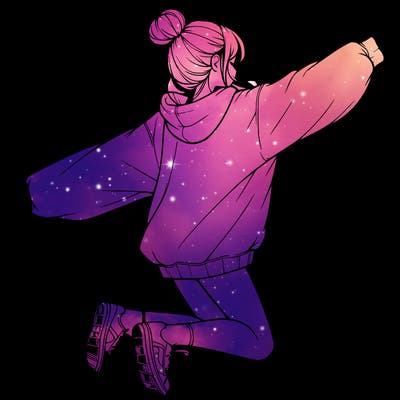 realistic girl jumping with a bun and oversized sweatshirt