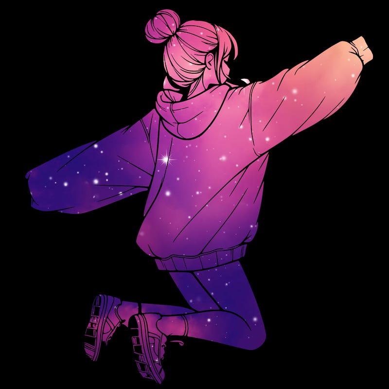 realistic girl jumping with a bun and oversized sweatshirt