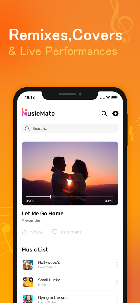 Music Mate - Top Music - Music Mate app interface showing music playback and a list of songs
