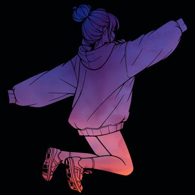 realistic girl jumping with a bun and oversized sweatshirt