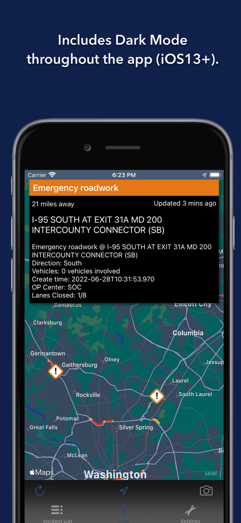 Maryland Roads Traffic - Maryland Roads Traffic app showing map and incident details in dark mode