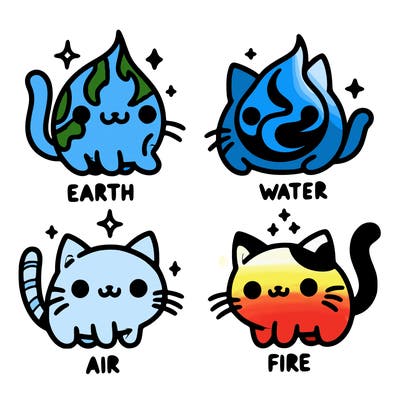 4 cats that represent the different elements, earth, water, air, and fire