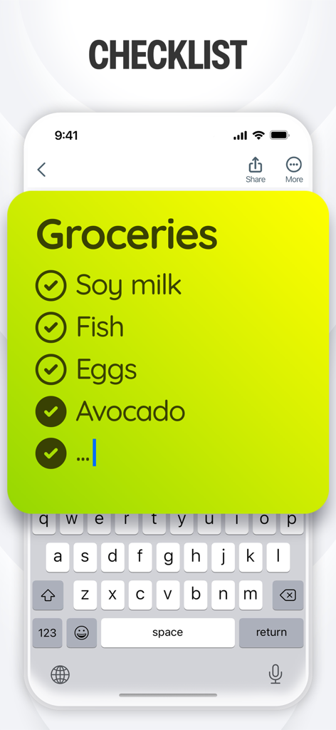 Sticky Notes & Color Widget - A digital yellow sticky note showing a grocery checklist with checkmarks on an iPhone screen