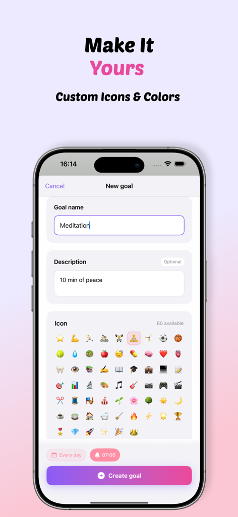 Glow: Habit & Goal Tracker - Interface for creating a new meditation goal in the Glow habit tracker app with custom icons and description