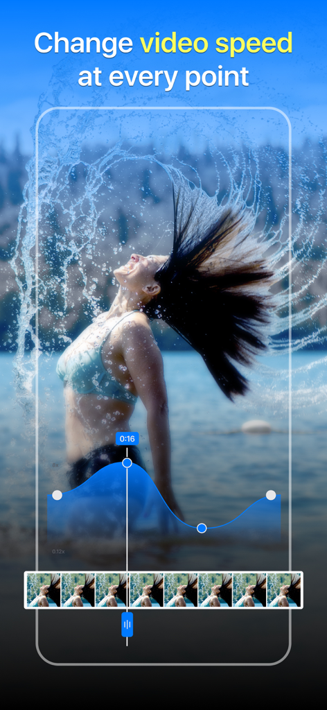 Interface of FXMotion app showing a custom speed curve to create slow and fast motion effects on a video of a water splash.
