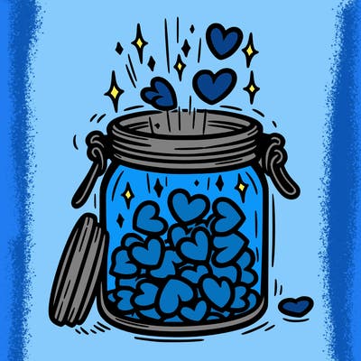 a jar filled with glowing hearts slowly opening and releasing them.