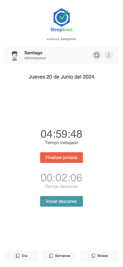 Beep Time - Beep Time mobile app interface showing real-time work and break tracking with action buttons
