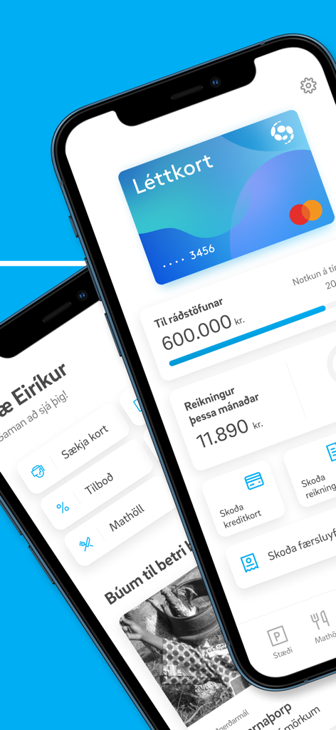 Siminn Pay mobile app interface showing a digital payment card and financial management features.