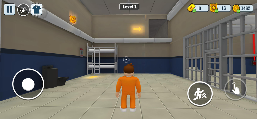 Un personaje con un mono naranja de prisionero de pie en una celda de prisión con una litera y un conducto de ventilación para escapar