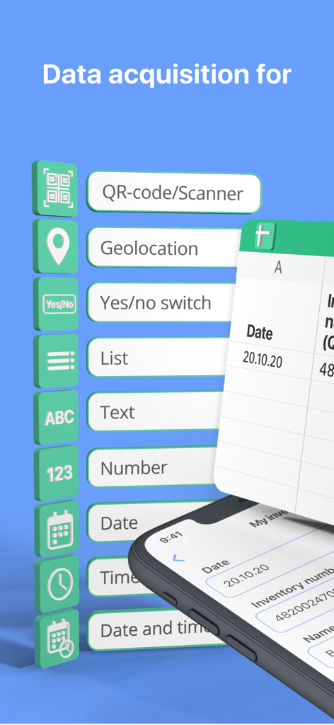Graphic displaying various mobile data entry options like QR scanner geolocation and custom lists for spreadsheet integration