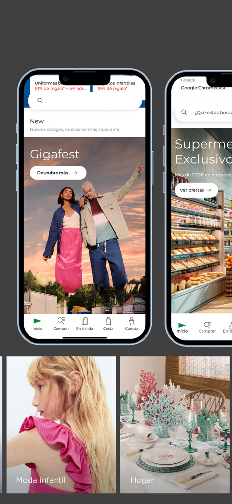 Screenshots of the El Corte Ingles mobile app displaying fashion campaigns home decor products and supermarket categories