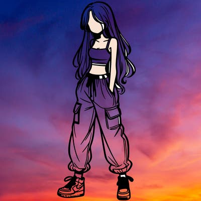 girl in baggy pants crop top and long hair