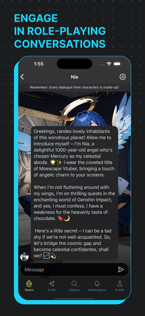 Moescape app role playing conversation with an anime AI character named Nia
