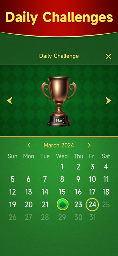 Mint Solitaire - Mint Solitaire daily challenges screen showing a trophy and a monthly calendar for player progress