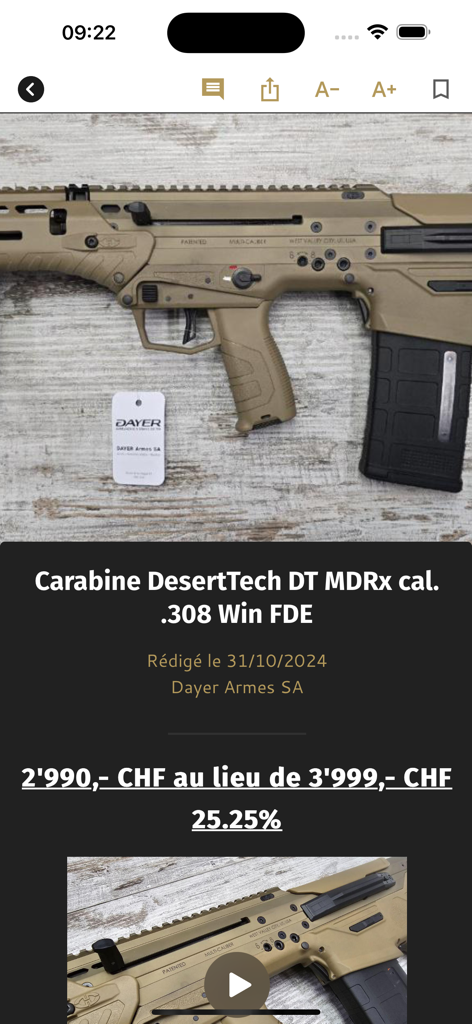 Écran de l'application DASA présentant une offre spéciale sur un fusil DesertTech DT MDRx à l'Armurerie Dayer