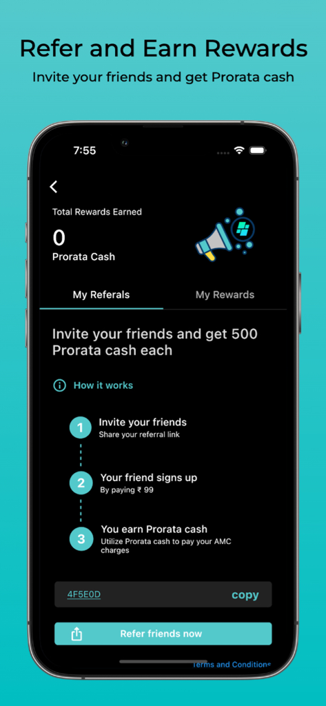 Prorata: Co-Own Your Dream Car - Prorata app screen showing how to refer friends and earn rewards for fractional car ownership