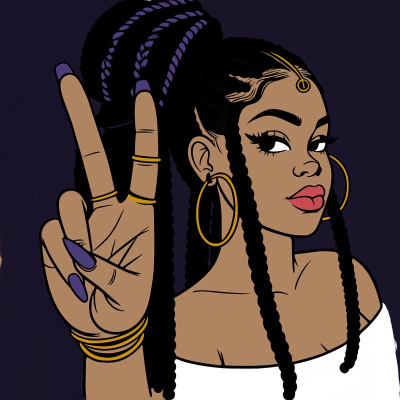 realistic black girl with goddess box braids and hoop earrings holding the peace sign but her palm is facing her and shes using three fingers to hold the peace sign