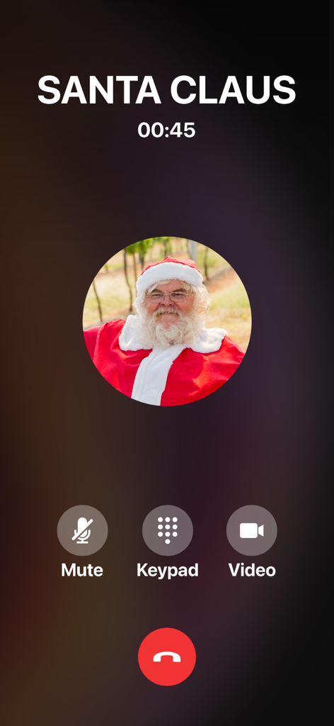 Interface of a mobile app showing an ongoing voice call with Santa Claus