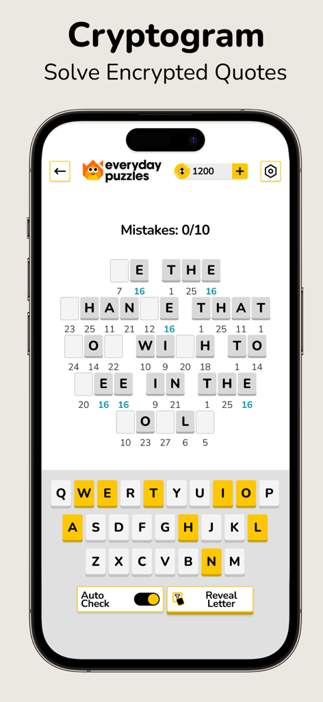 Everyday Puzzles: Mini Games - Cryptogram game screen in the Everyday Puzzles app for solving encrypted quotes