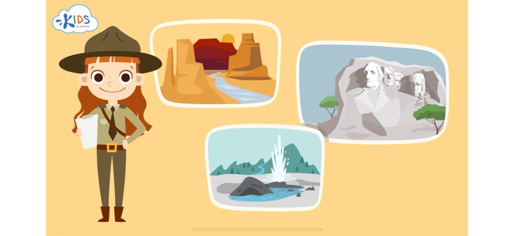 Math Games for Kids: Grade 3 - A cartoon park ranger character presenting famous US landmarks including Mount Rushmore and the Grand Canyon.