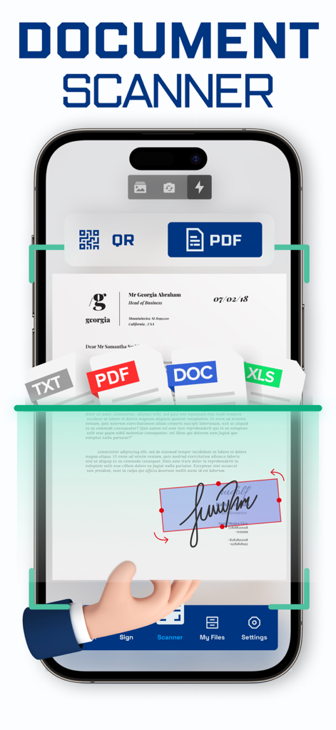 iPhone app interface displaying document scanning functionality with digital signature and file export options like PDF and DOC