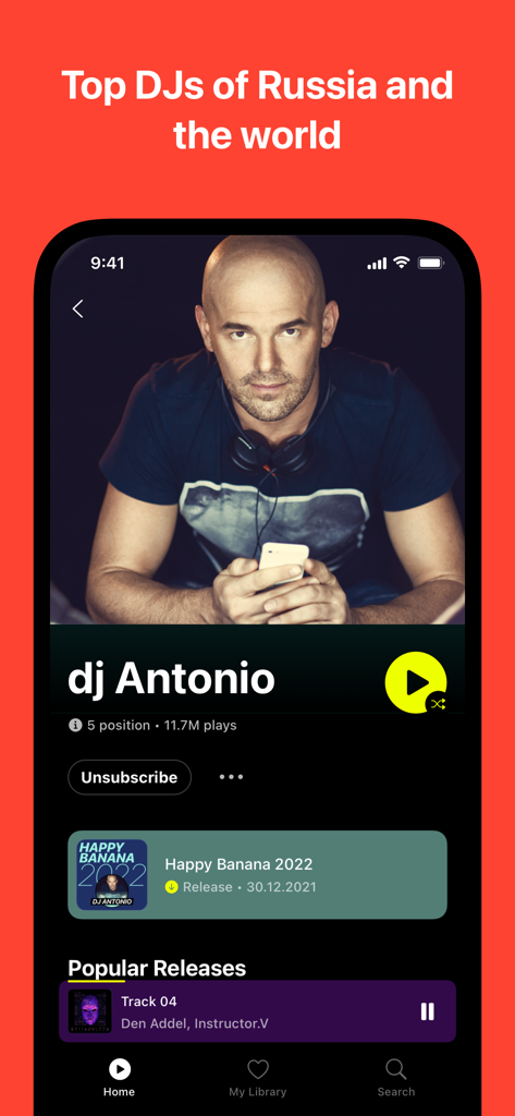 A DJ profile screen in the Bananastreet app showing dj Antonio's popular releases and statistics