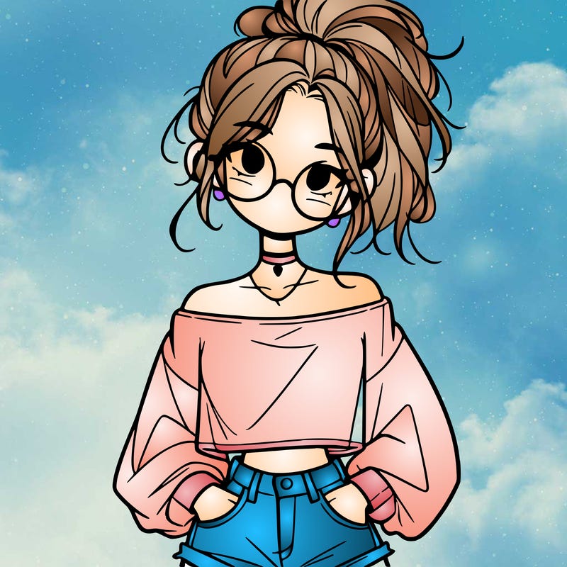 girl with a messy ponytail glasses a baggy crop top and jean shorts