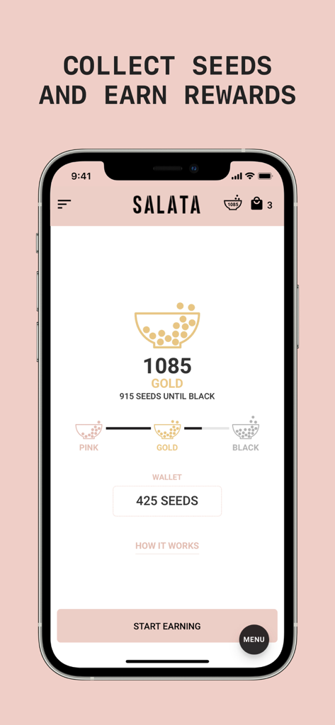 SALATA - SALATAモバイルアプリのロイヤリティプログラム画面は、シード報酬とゴールドティアのステータスを表示しています。