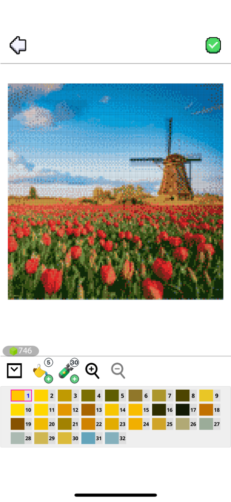 Cross Stitch Color by Number - Digital cross stitch pattern of a windmill and red flower field