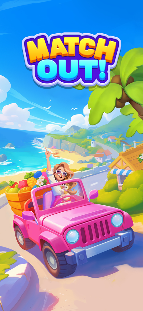 Match Out! - A woman driving a pink jeep with a small dog and a basket of fruit on a sunny coastal road with the Match Out logo.