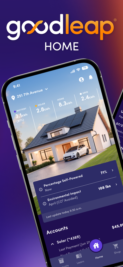 GoodLeap Home mobile app interface showing real-time solar energy production, battery storage, and environmental impact metrics for a smart home