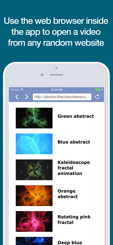 Video Grabber - Video Grabber mobile app interface showing the internal web browser with a list of online videos