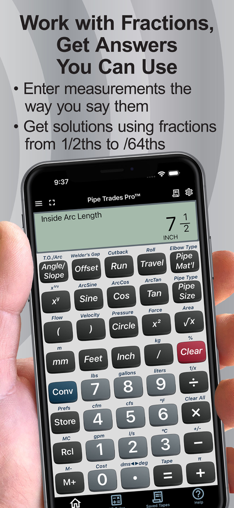 Interface de l'application Pipe Trades Pro Calc sur un iPhone affichant des calculs fractionnaires et des boutons professionnels