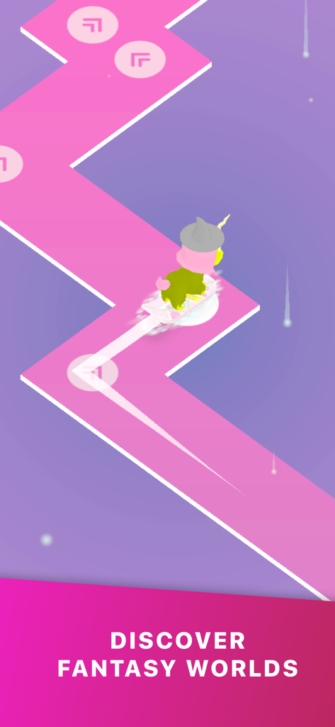 A unicorn character surfing on a neon pink zigzag path in a purple fantasy world.