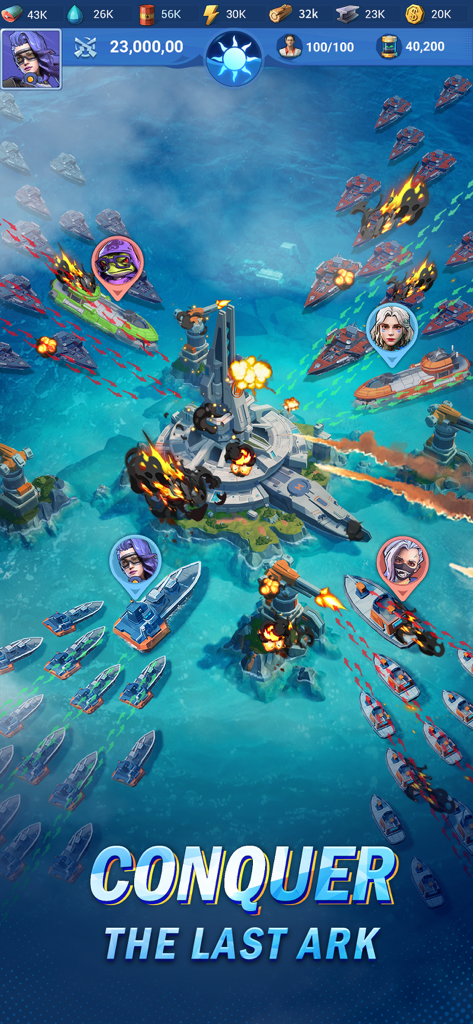 Rise of Arks: Survival Game - Epic maritime battle in Rise of Arks showing multiple ship fleets attacking a central sea fortress with explosions and hero icons.