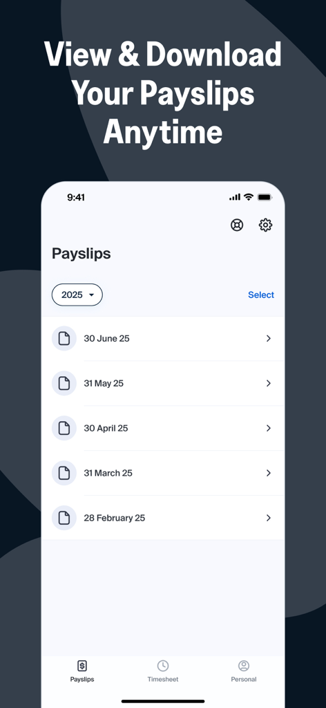 Papaya Personal: Employee App - Pantalla del móvil que muestra una lista de recibos de nómina mensuales con la opción de verlos y descargarlos.