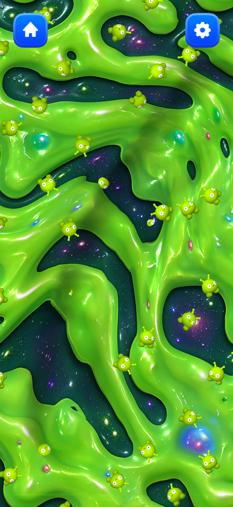 星空の銀河の背景に、小さなエイリアンの顔のチャームが付いた、インタラクティブな緑色の光沢のあるスライム