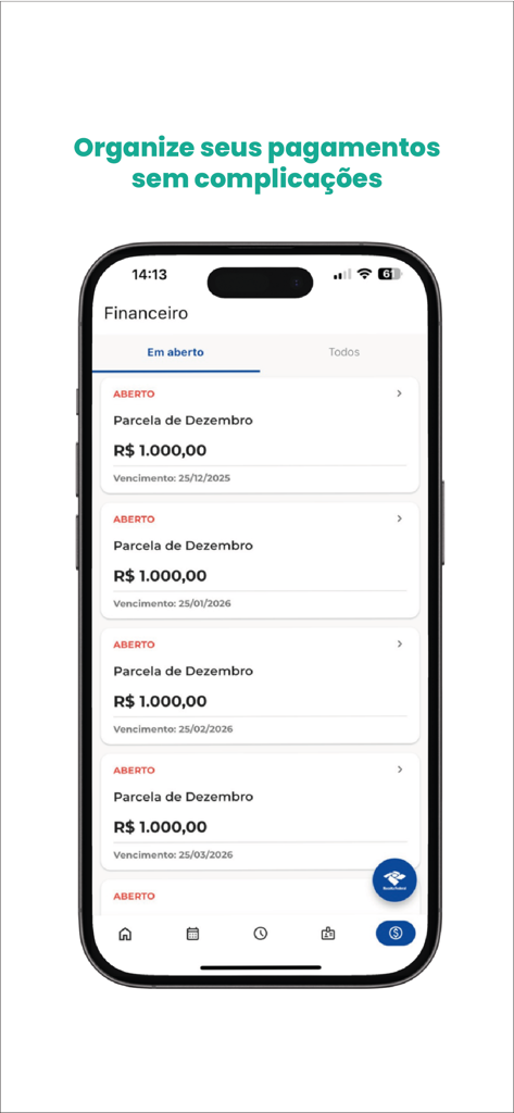 Interface do aplicativo móvel para rastrear pagamentos de mensalidades e financeiros do estudante.