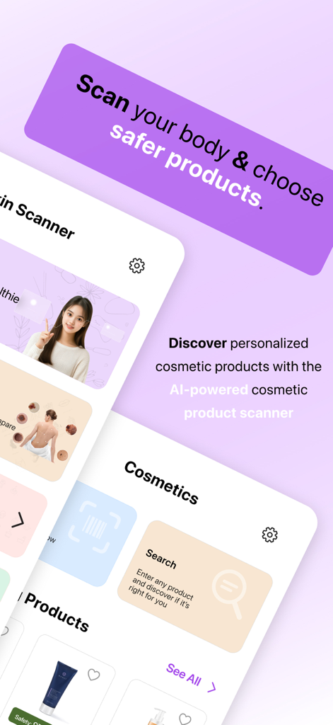The Skincare Scanner - Derma - Derma app interface for AI skin scanning and cosmetic product discovery.
