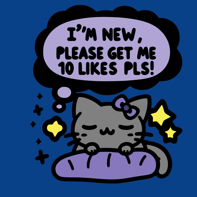 kitty taking a nap dream talking and saying "i'm new, please get me at least 10 likes pls!!"